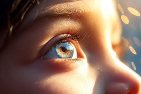 Close up focus on the eye of a child looking up under the sun with AI generatedの素材