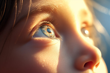 Close up focus on the eye of a child looking up under the sun with AI generatedの素材