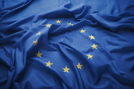 waving European Union flag, close up of european flag with AI generatedの素材