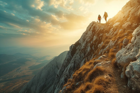 Couple of hikers on top of a mountain in the sunset with AI generatedの素材