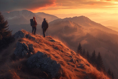 Couple of hikers on top of a mountain in the sunset with AI generatedの素材