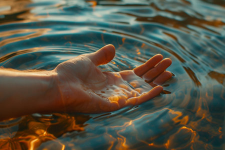 Woman's hand holding a drop of water on the background of the sea with AI generatedの素材