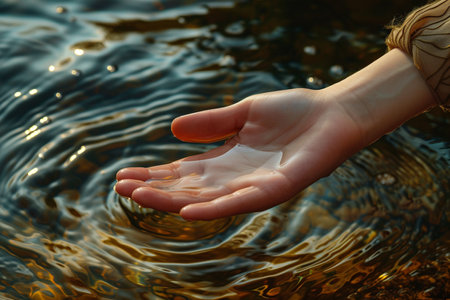 Woman's hand holding a drop of water on the background of the sea with AI generatedの素材