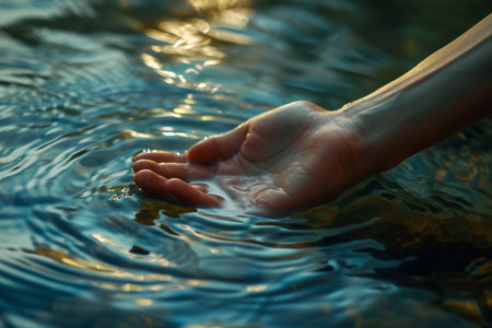 Woman's hand holding a drop of water on the background of the sea with AI generatedの素材