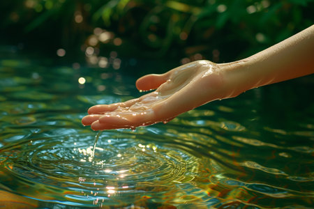 Woman's hand holding a drop of water on the background of the sea with AI generatedの素材