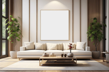 Interior of modern living room with white sofa and mock up poster with AI generatedの素材