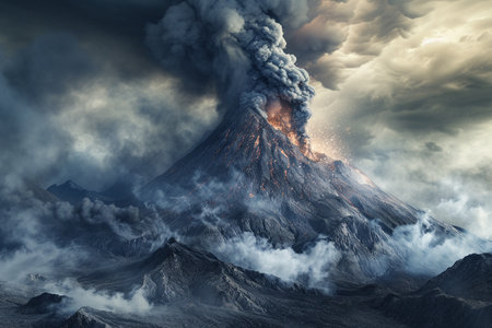 Volcano eruption with smoke in the clouds with AI generated.の素材