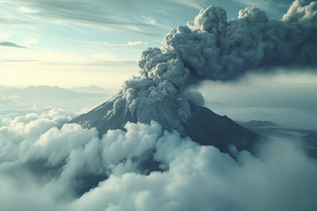 Volcano eruption with smoke in the clouds with AI generated.の素材
