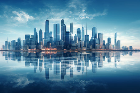 New York City skyline at night with reflection on the water with AI generated.の素材