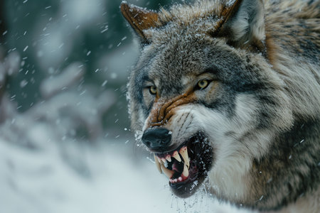 Portrait of a wolf in the winter forest with AI generated.の素材