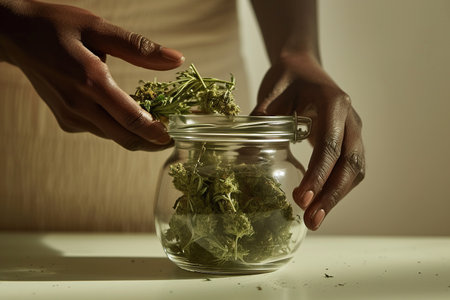 Close up of man hands holding a glass jar of cannabis leafs with AI generated.の素材