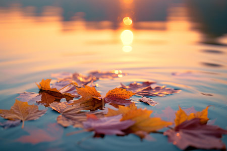 Autumn leaves on water surface with sun rays and bokeh with AI generated.の素材