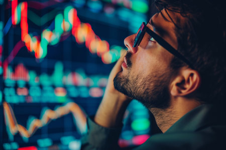 Rear view of man looking at computer monitor with stock market data with AI generated.の素材