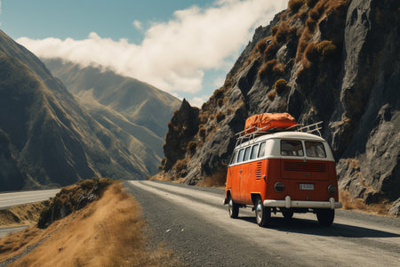 Vintage campervan on the road in the mountains with AI generated.の素材
