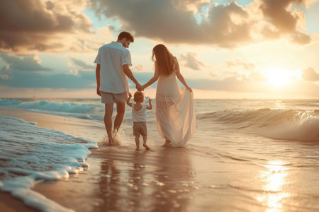 Happy family of father, mother and daughter walking on the beach at sunset with AI generated.の素材