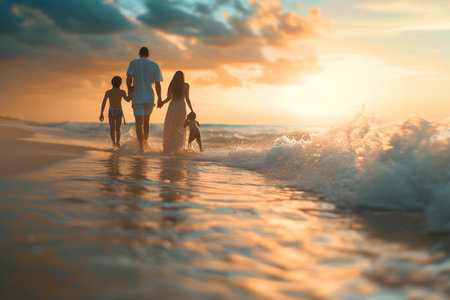 Happy family of father, mother and daughter walking on the beach at sunset with AI generated.の素材