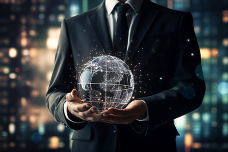 Close up of businessman holding in palm glowing earth planet with AI generated.の素材