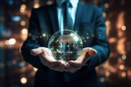 Close up of businessman holding in palm glowing earth planet with AI generated.の素材