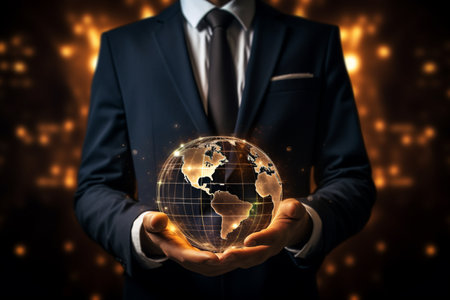 Close up of businessman holding in palm glowing earth planet with AI generated.の素材