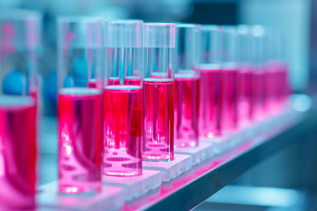 Laboratory glassware with pink liquid in scientific laboratory with AI generated.の素材