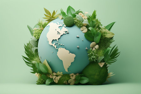 Ecology concept. Earth globe with green leaves with AI generated.の素材
