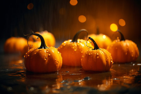 Halloween pumpkins in the forest at night with AI generated.の素材