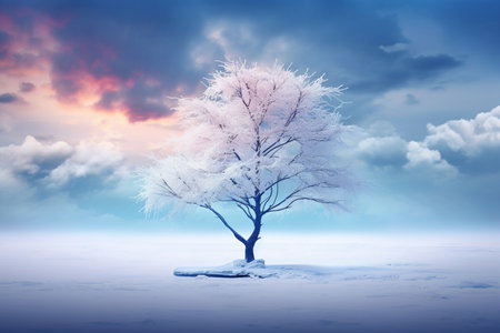 Winter landscape with snow covered tree with AI generated.の素材