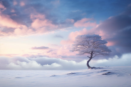 Winter landscape with snow covered tree with AI generated.の素材