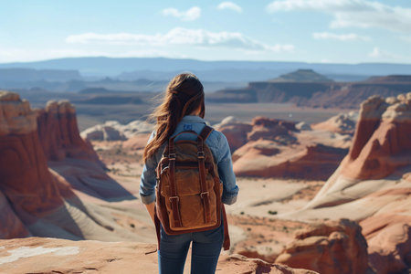 Back view of young woman hiker with backpack standing in Valley of Fire State Park with AI generated.の素材