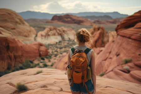 Back view of young woman hiker with backpack standing in Valley of Fire State Park with AI generated.の素材