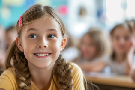 Portrait of cute little girl looking up in classroom at elementary school with AI generated.の素材