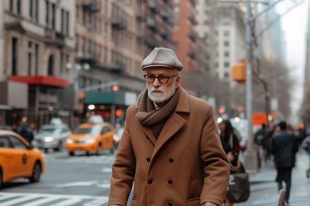 Elderly man with hat and sunglasses walking in the city with AI generated.の素材