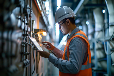 Engineer working on control panel in factory. Factory worker using digital tablet for control panel with AI generated.の素材