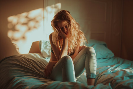 sad young woman sitting on the bed in the morning with AI generated.の素材
