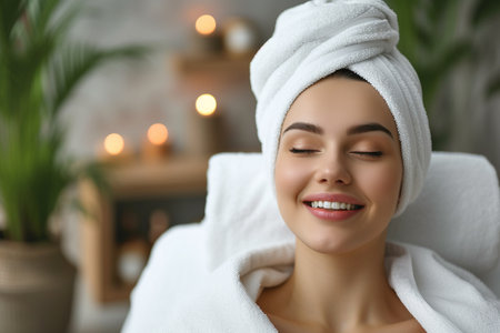 Beautiful young woman with facial mask at spa salon, closeup with AI generated.の素材