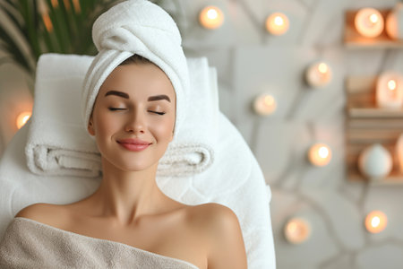 Beautiful young woman with facial mask at spa salon, closeup with AI generated.の素材