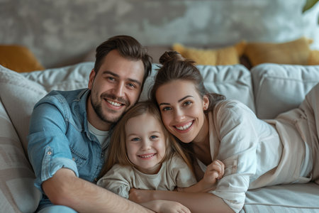 Portrait of a happy family at home. Father, mother and daughter are smiling with AI generated.の素材