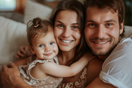 Portrait of a happy family at home. Father, mother and daughter are smiling with AI generated.の素材