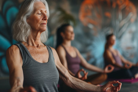 Elderly woman practicing yoga in the studio with her friends with AI generated.の素材