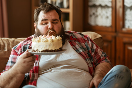 Fat man eating cake while sitting on sofa at home with AI generated.の素材