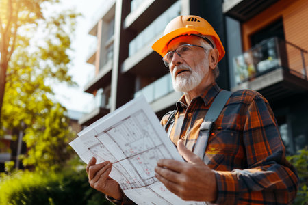 Architect in hardhat holding blueprints at construction site with AI generated.の素材