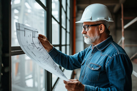 Architect in hardhat holding blueprints at construction site with AI generated.の素材