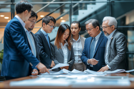 Portrait of a group of business people standing in a row in a modern office with AI generated.の素材