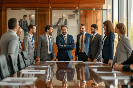 Portrait of a group of business people standing in a row in a modern office with AI generated.の素材