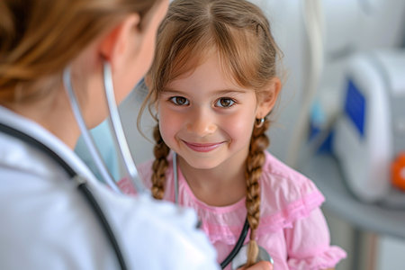 Little girl with a stethoscope at the doctor's office with AI generated.の素材