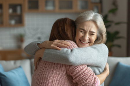 Portrait of happy mother and daughter hugging with AI generated.の素材
