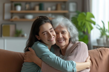 Portrait of happy mother and daughter hugging with AI generated.の素材