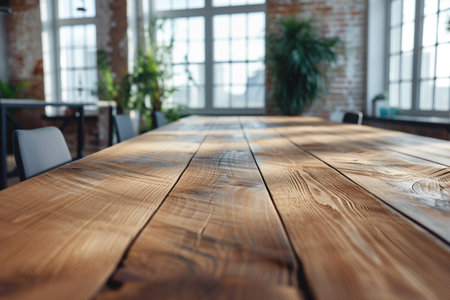 Empty wooden table in a modern office space with AI generated.の素材