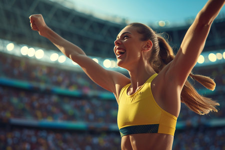 Athletic young woman runner celebrating her victory in a stadium with AI generated.の素材