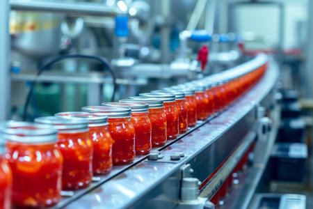 Tomato juice in bottles on the conveyor belt in the factory with AI generated.の素材